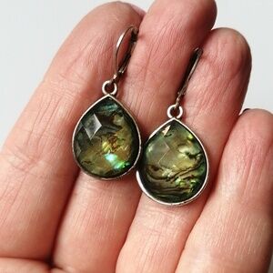 Vintage Abalone Shell Earrings Teardrop Green Iridescent Dangle Silvertone